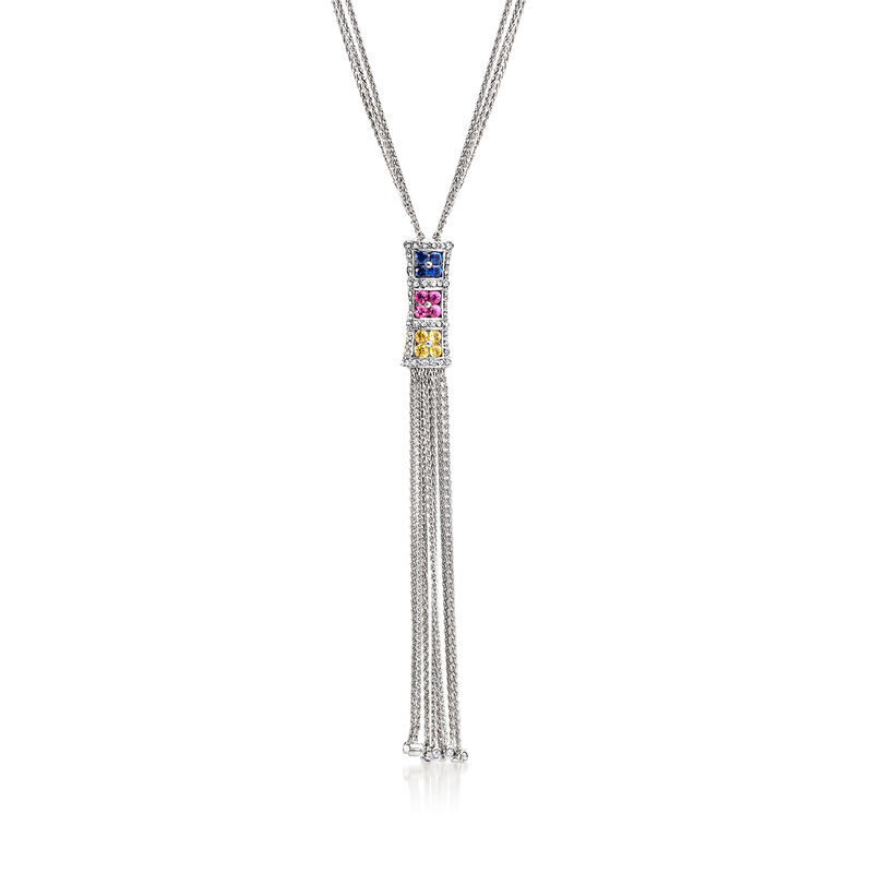 C. 1990 Vintage 2.00 ct. t.w. Multicolored Sapphire and .55 ct. t.w. Diamond Tassel Necklace in 18kt White Gold. 16&quot; image number 0