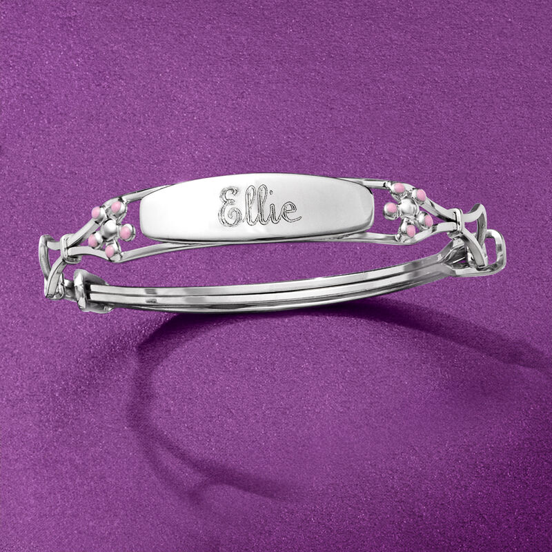 Child's Sterling Silver Personalized ID Bracelet with Pink Enamel Flowers image number 3