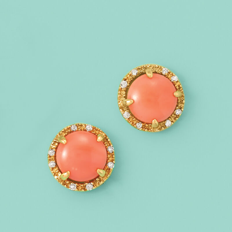 Coral and Diamond Stud Earrings in 14kt Yellow Gold image number 2