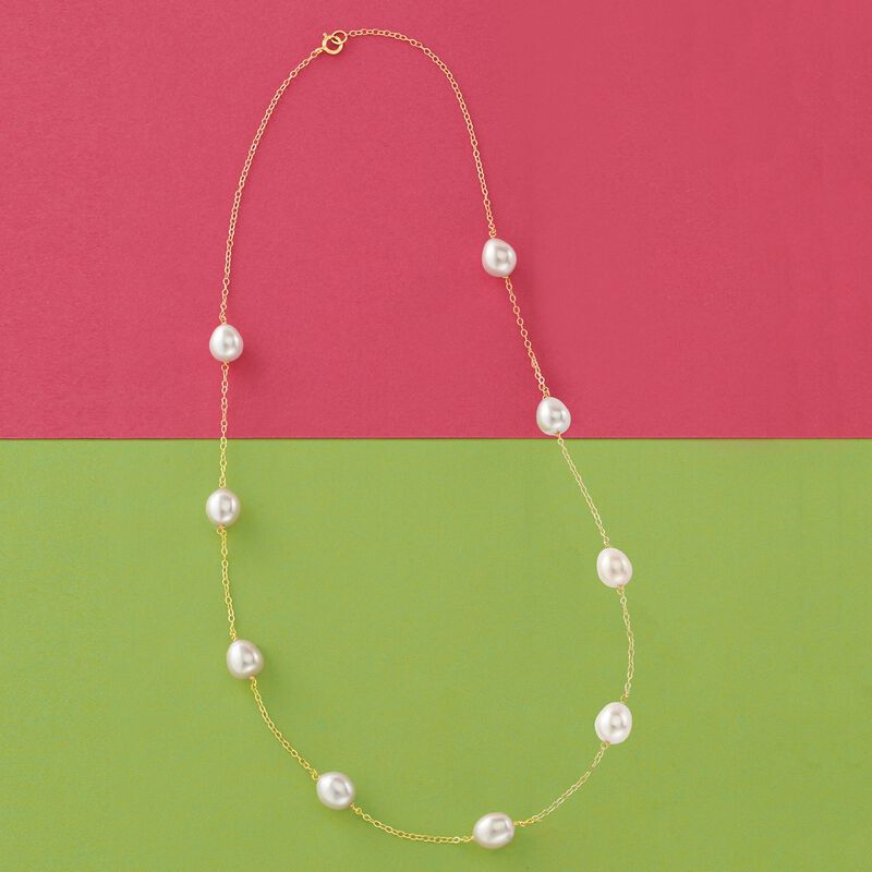 8-8.5mm Cultured Pearl Station Necklace in 14kt Yellow Gold image number 2