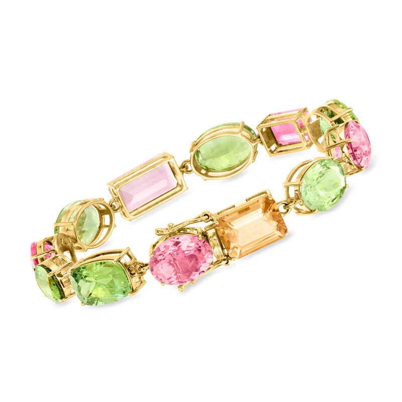 50.00 ct. t.w. Pink and Green Tourmaline Bracelet in 18kt Yellow Gold. 7&quot; image number 2