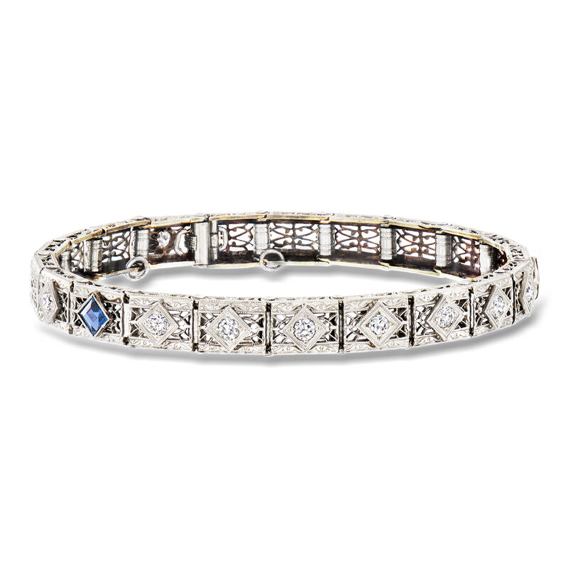 C. 1910 Vintage .60 ct. t.w. Diamond and .60 ct. t.w. Synthetic Sapphire Filigree Bracelet in 14kt White Gold. 7" image number 0