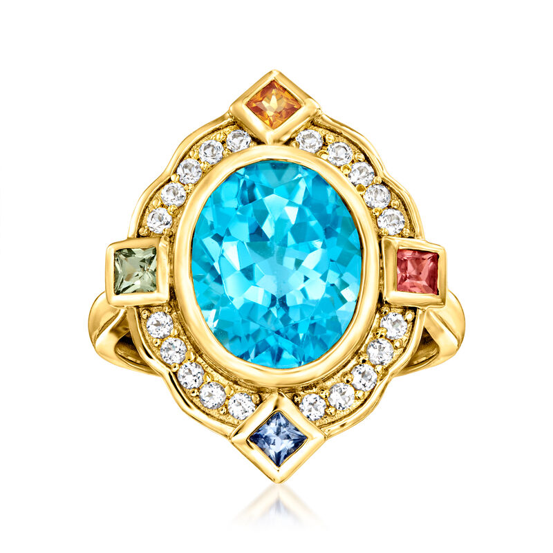 6.00 Carat Swiss Blue Topaz and .80 ct. t.w. Multi-Gemstone Ring in 18kt Gold Over Sterling image number 0