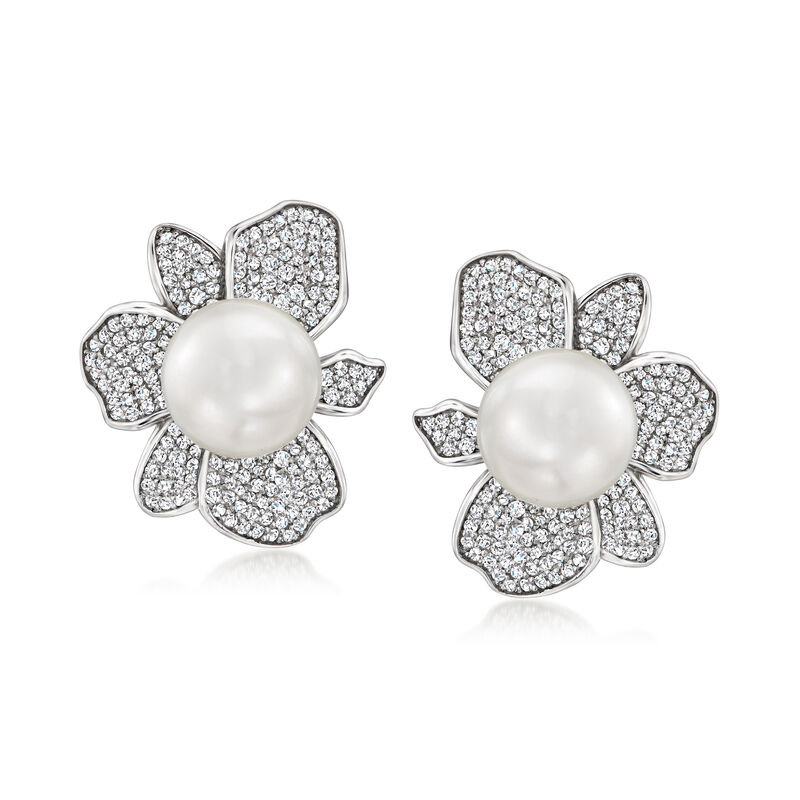 11mm Shell Pearl and 2.20 ct. t.w. CZ Floral Earrings in Sterling Silver  image number 0