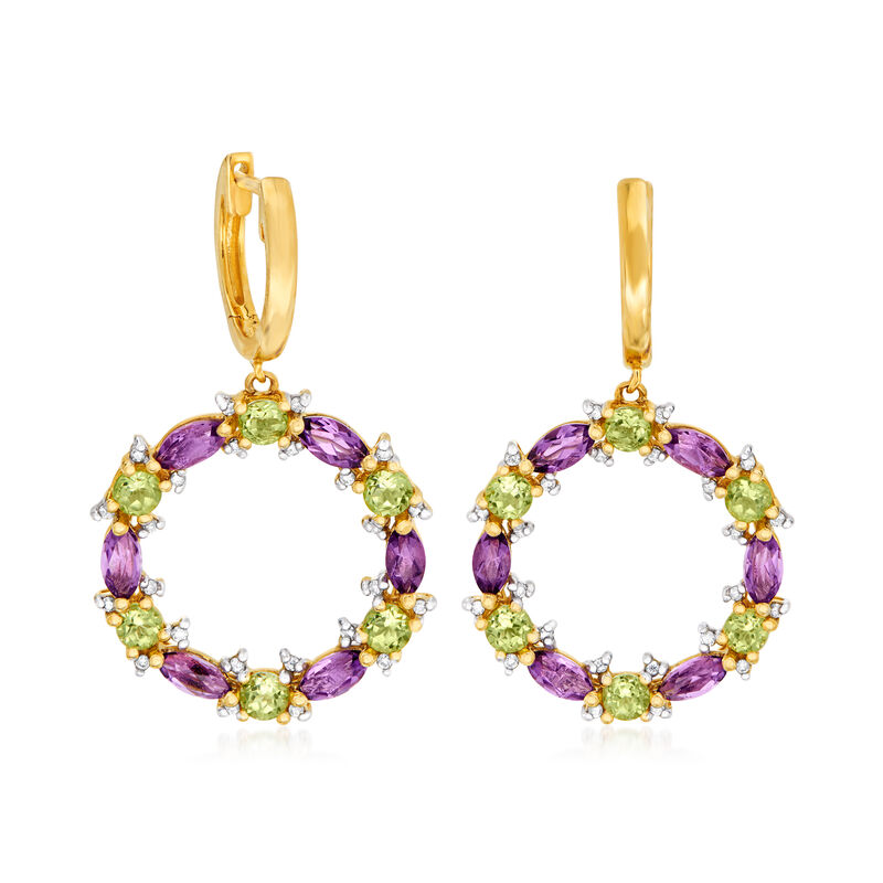1.70 ct. t.w. Amethyst, 1.50 ct. t.w. Peridot and .18 ct. t.w. Diamond Circle Drop Earrings in 14kt Yellow Gold image number 1