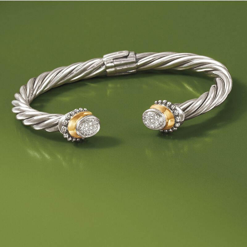 Sterling Silver Cable Cuff Bracelet with 18kt Yellow Gold and Diamond Accents image number 2