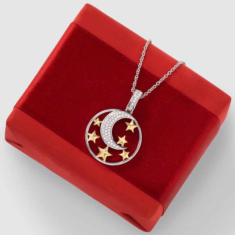 .15 ct. t.w. Diamond Moon and Star Pendant Necklace in Sterling and 18kt Gold Over Sterling. 18&quot; image number 2