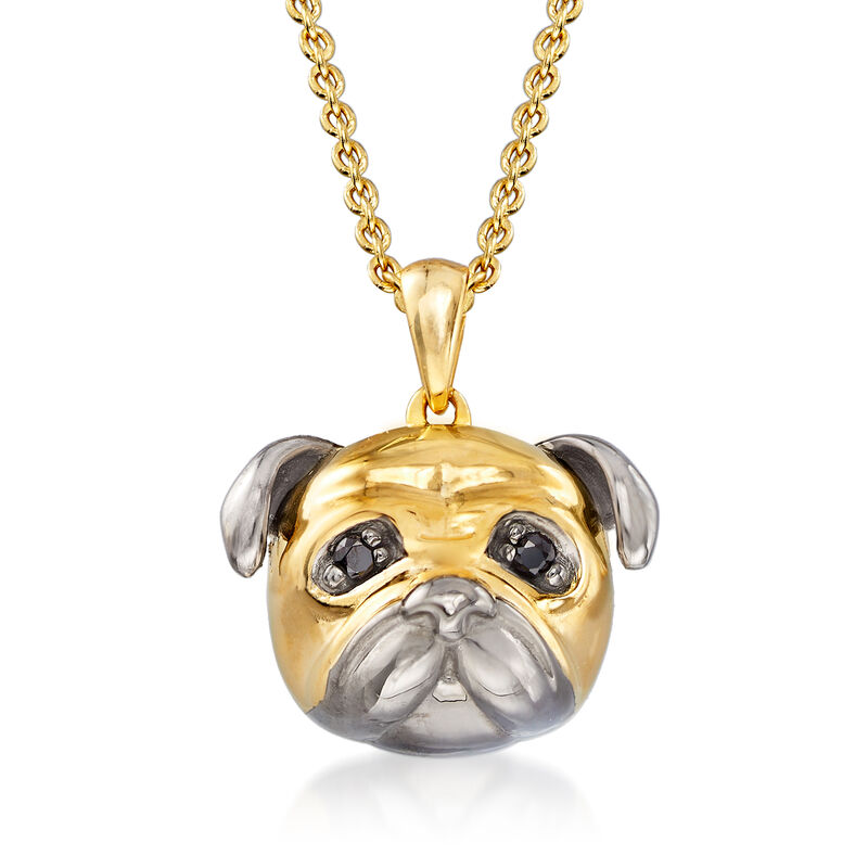 18kt Gold Over Sterling Pug Pendant Necklace with Black Spinel Accents image number 0