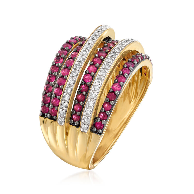 .90 ct. t.w. Ruby and .15 ct. t.w. Diamond Highway Ring in 18kt Gold Over Sterling image number 2