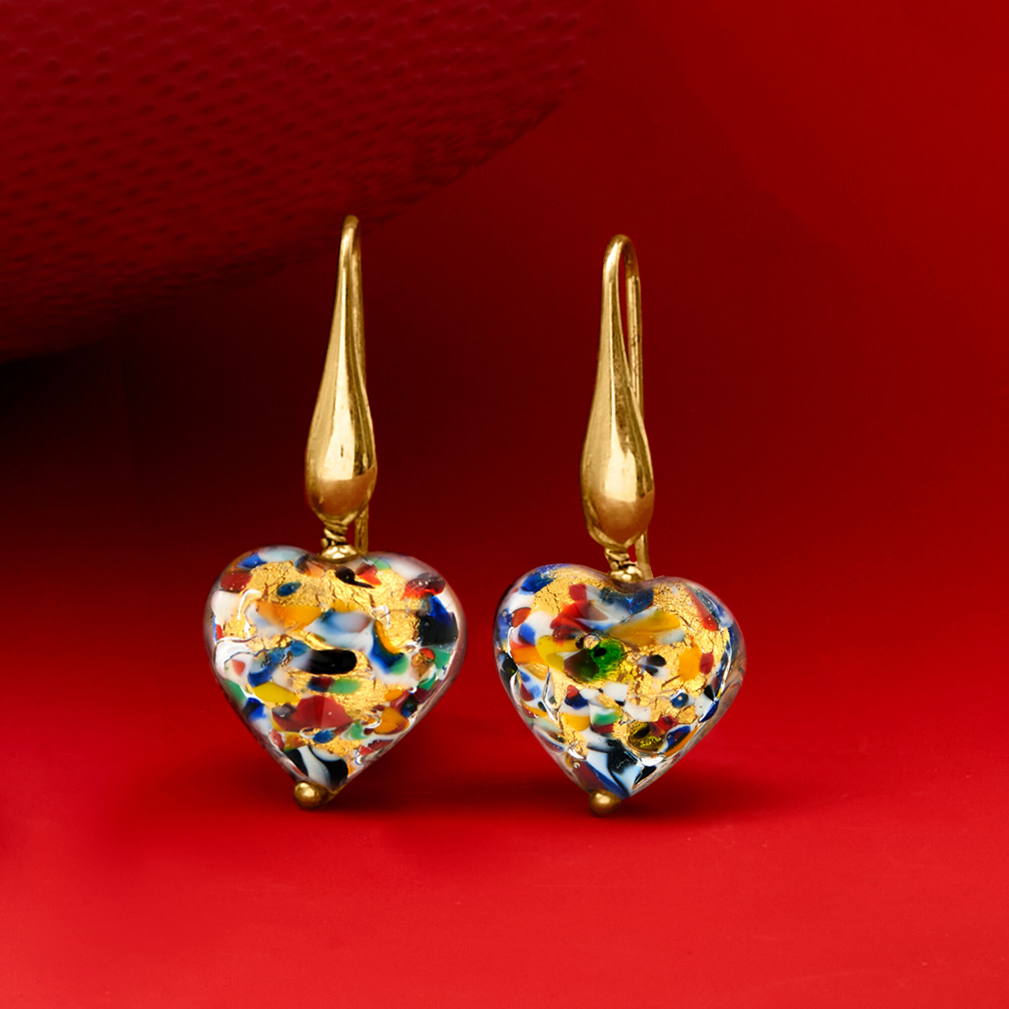 Italian Multicolored Murano Glass Heart Drop Earrings in 18kt Gold Over Sterling