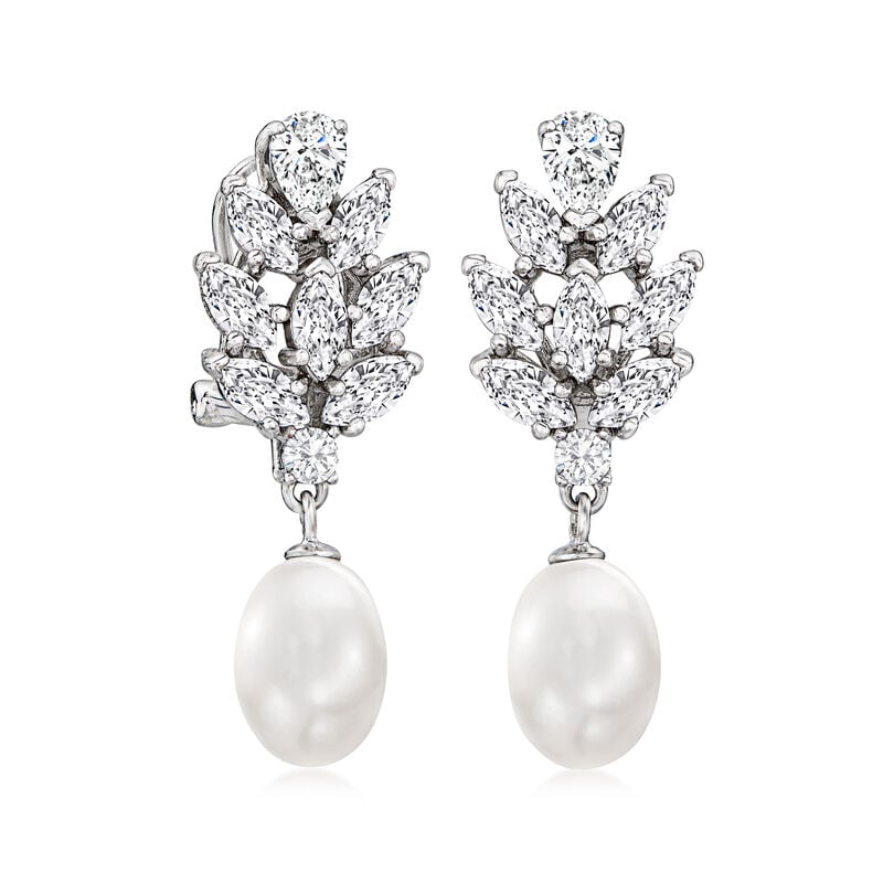 8-8.5mm Cultured Pearl and 3.30 ct. t.w. CZ Drop Earrings in Sterling Silver image number 2
