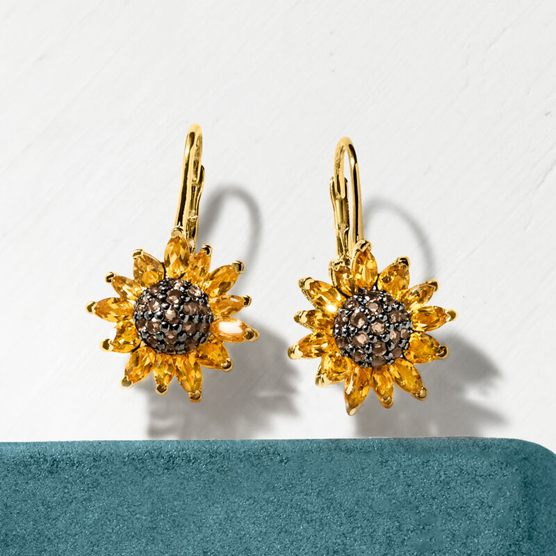 3.50 ct. t.w. Citrine and .80 ct. t.w. Smoky Quartz Sunflower Drop Earrings in 18kt Gold Over Sterling image number 5