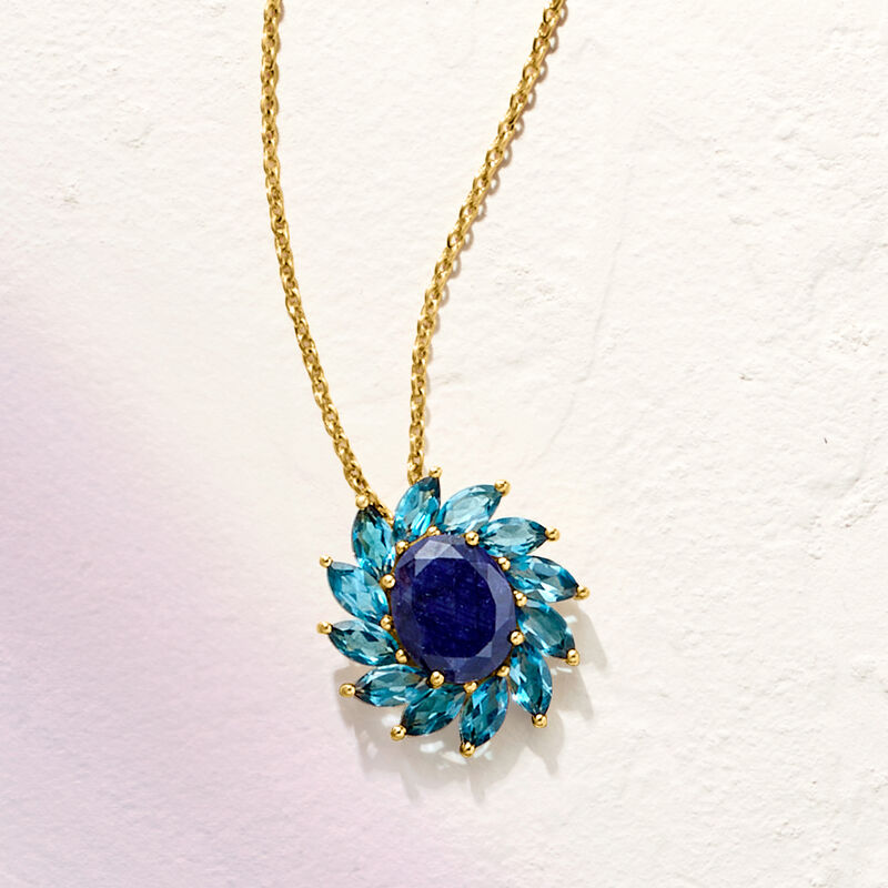 4.30 Carat Sapphire and 3.30 ct. t.w. London Blue Topaz Flower Pendant Necklace in 18kt Gold Over Sterling. 18&quot; image number 2