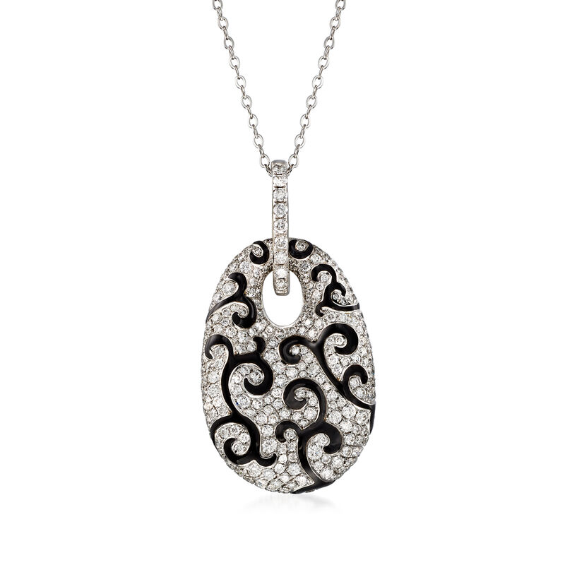 C. 1990 Vintage 5.26 ct. t.w. Diamond and Black Enamel Swirl Pendant Necklace in 18kt White Gold. 18&quot; image number 1