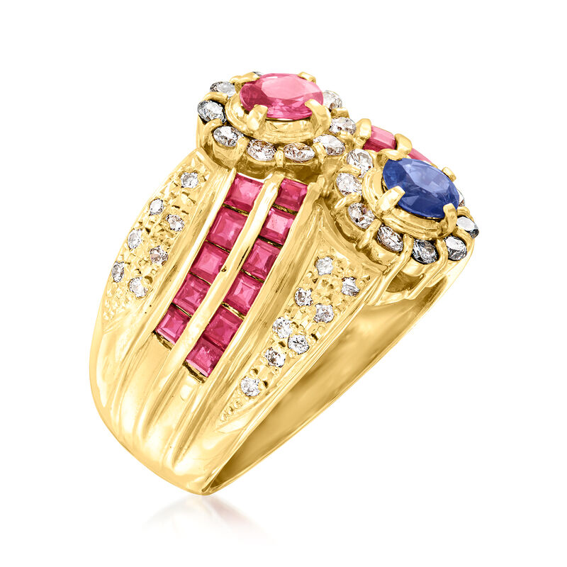 C. 1980 Vintage 1.54 ct. t.w. Ruby, .57 ct. t.w. Diamond and .34 Carat Sapphire Cocktail Ring in 18kt Yellow Gold. Size 5.5 image number 2