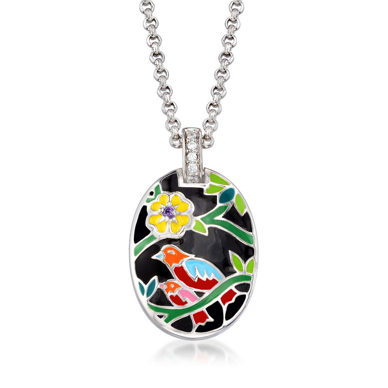 Belle Etoile &quot;Song Bird&quot; Multicolored Enamel Pendant with CZ Accents in Sterling Silver image number 0