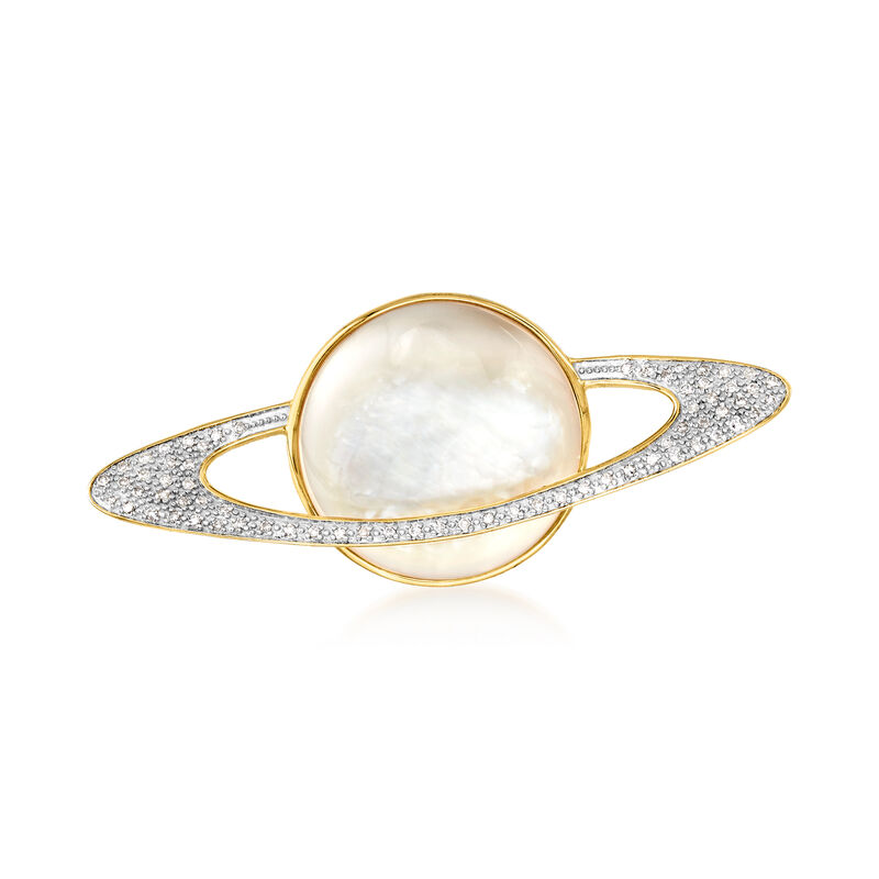 Mother-of-Pearl and .20 ct. t.w. Diamond Planet Pin in 18kt Yellow Gold Over Sterling Silver  image number 0