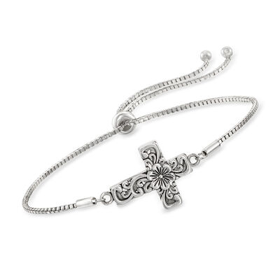 Sterling Silver Bali-Style Floral Cross Bolo Bracelet