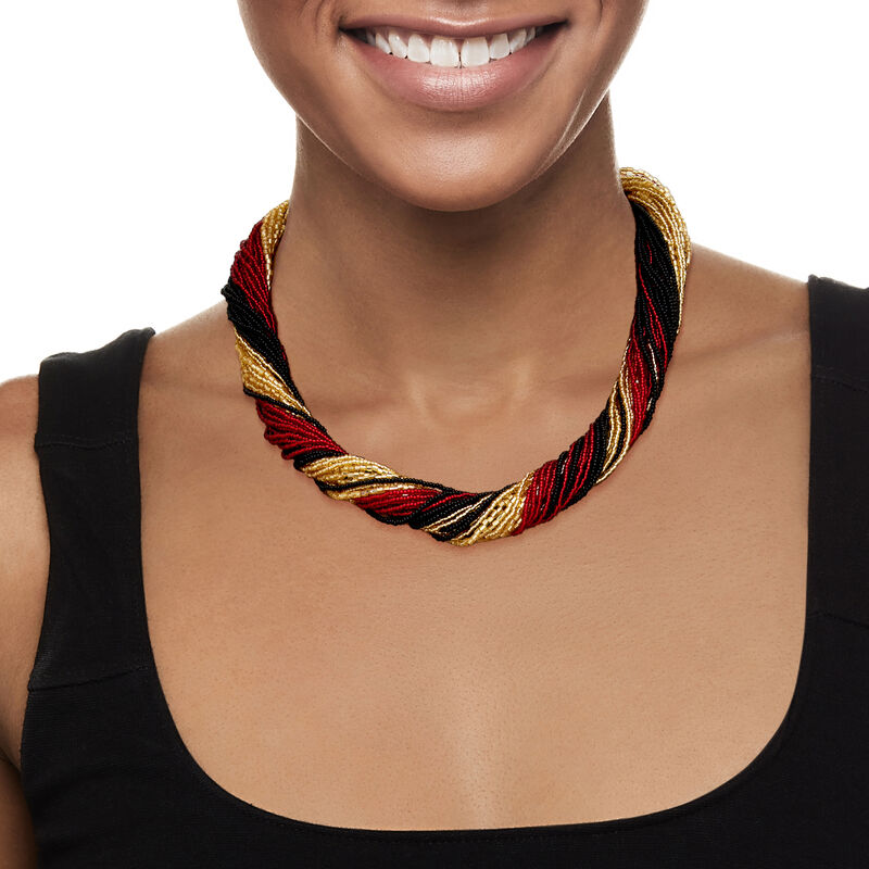Italian Red, Black and Golden Murano Glass Bead Torsade Necklace with 18kt Gold Over Sterling image number 1