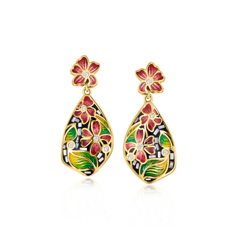 Gray Mother-of-Pearl and Multicolored Enamel Floral Drop Earrings with White Zircons in 18kt Gold Over Sterling image number 0