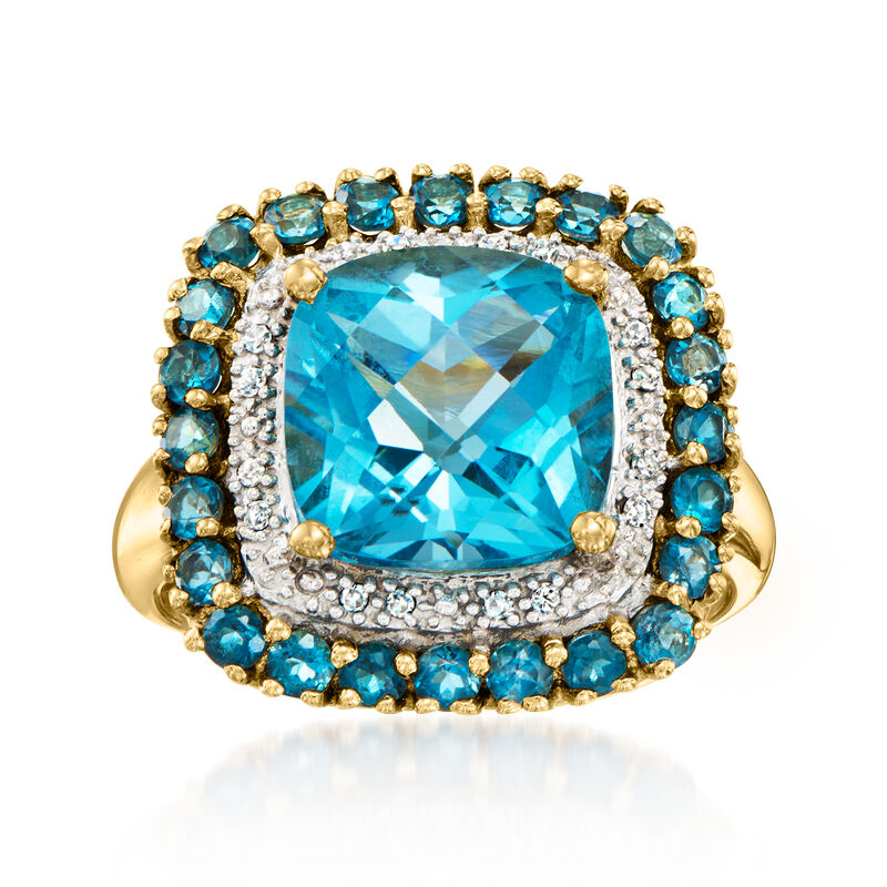 C. 1990 Vintage 5.15 ct. t.w. Swiss Blue Topaz Ring with Diamond Accents in 14kt Yellow Gold image number 0