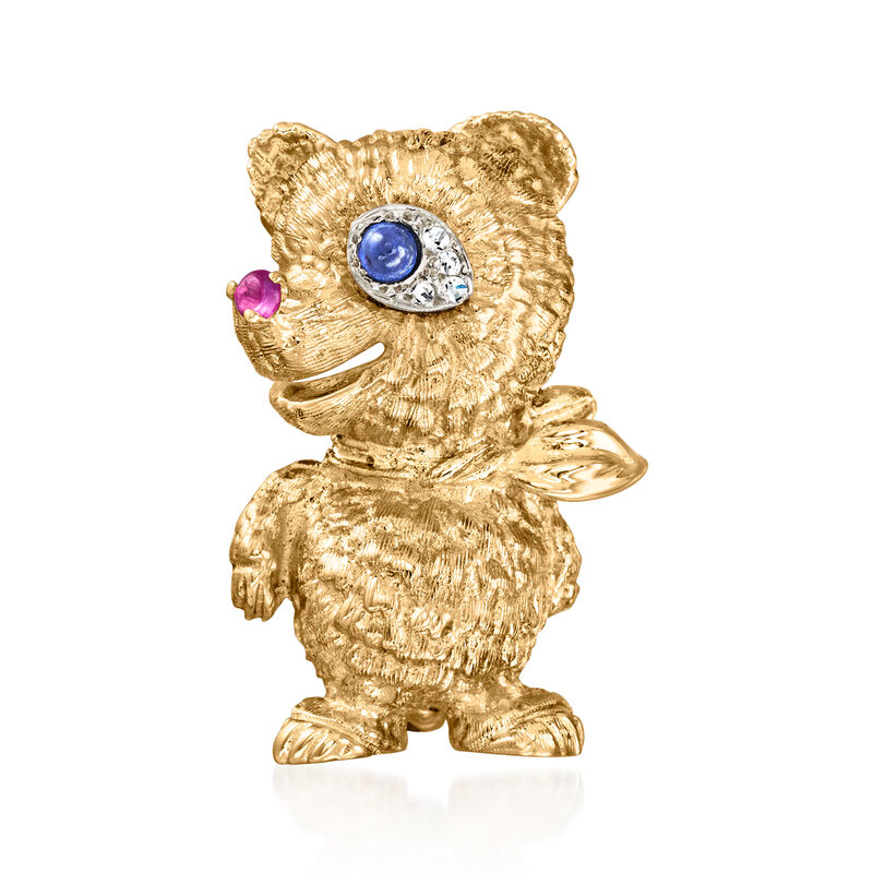 C. 1970 Vintage .12 Carat Sapphire Teddy Bear Pin with Ruby and Diamond in 14kt Yellow Gold  image number 0