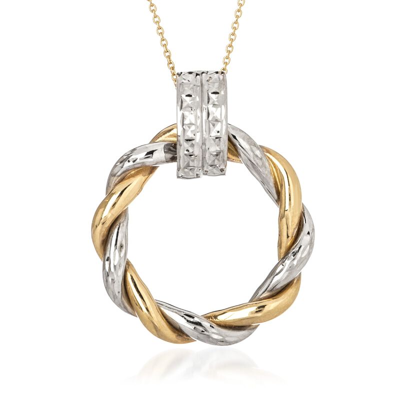 14kt Two-Tone Gold Twisted Circle Doorknocker Pendant Necklace. 16&quot; image number 0