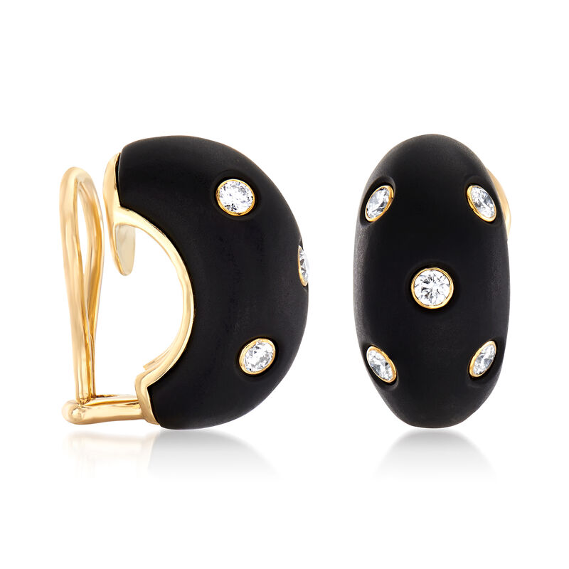 C. 1990 Vintage Black Glass and .58 ct. t.w. Diamond Clip Earrings in 18kt Yellow Gold image number 2