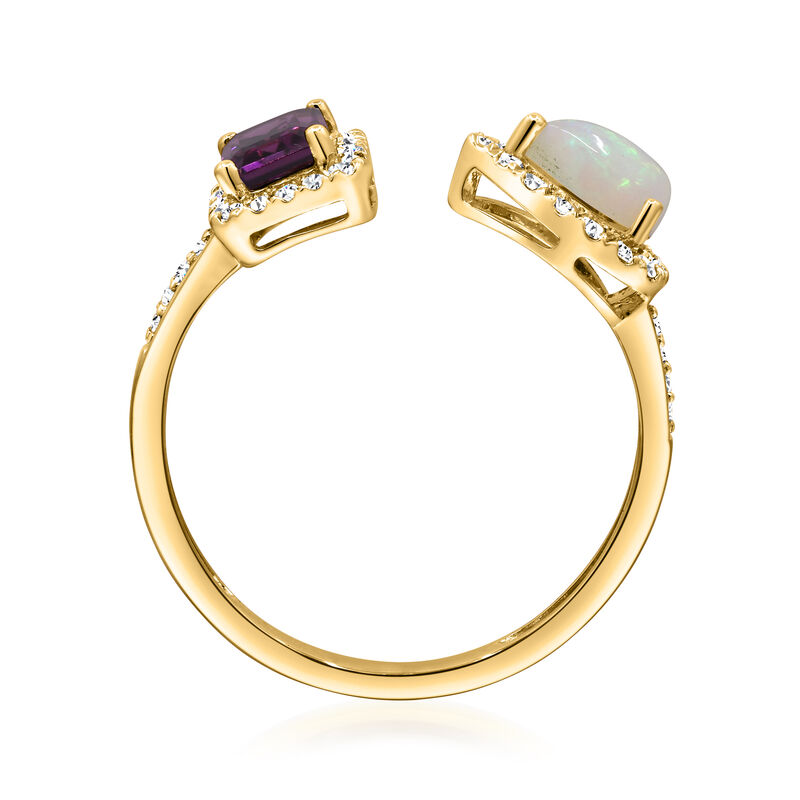 Opal and .70 Carat Rhodolite Garnet Toi et Moi Ring with .21 ct. t.w. Diamonds in 14kt Yellow Gold image number 2