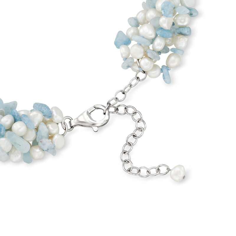 Aquamarine Bead and 5-6mm Cultured Pearl Torsade Necklace with Sterling Silver. 18&quot; image number 2