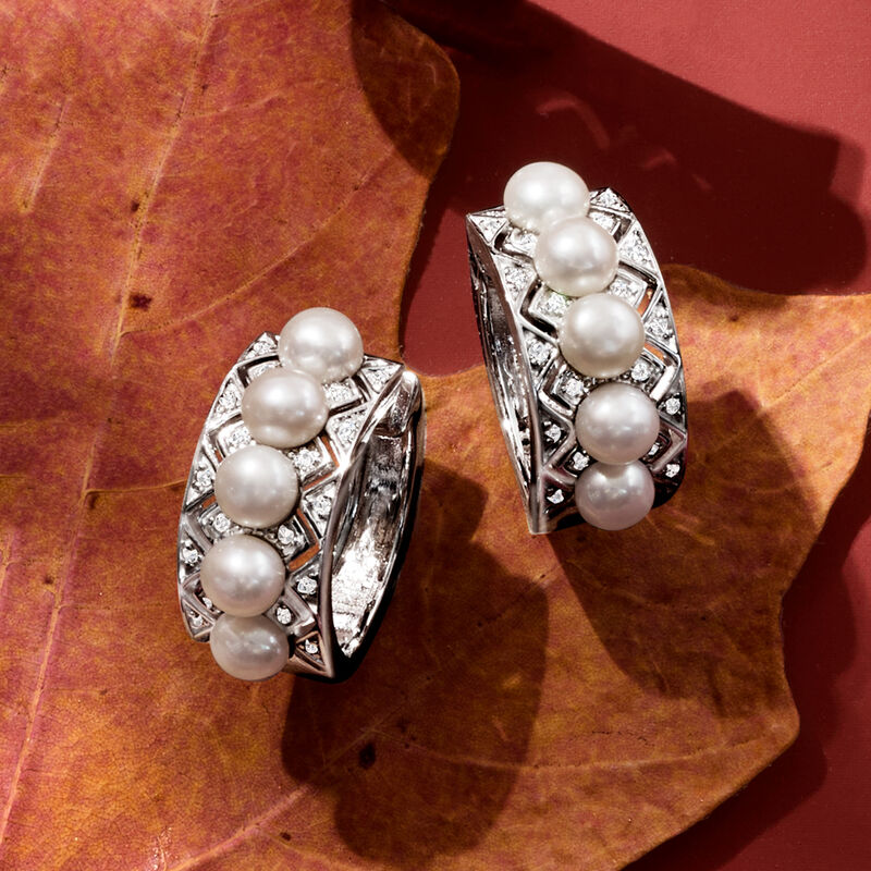 4-4.5mm Cultured Pearl and .11 ct. t.w. Diamond Hoop Earrings in Sterling Silver. 5/8&quot; image number 3