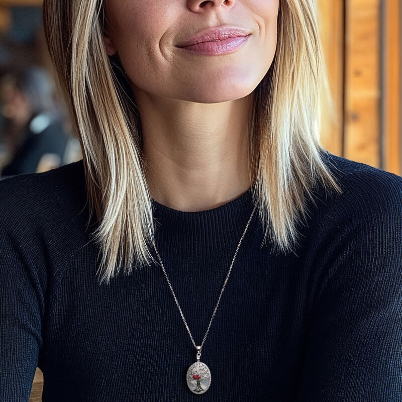 Mother-of-Pearl Tree of Life Cardinal Pendant Necklace with .50 ct. t.w. White Topaz and Multicolored Enamel in Sterling Silver. 20" image number 0