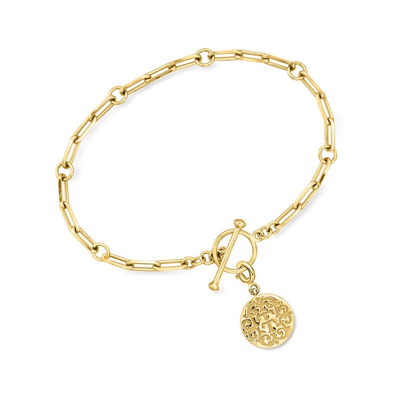 18kt Gold Over Sterling Paper Clip Link Toggle Bracelet with Removable "T and T Twin Talk" Logo Charm image number 0