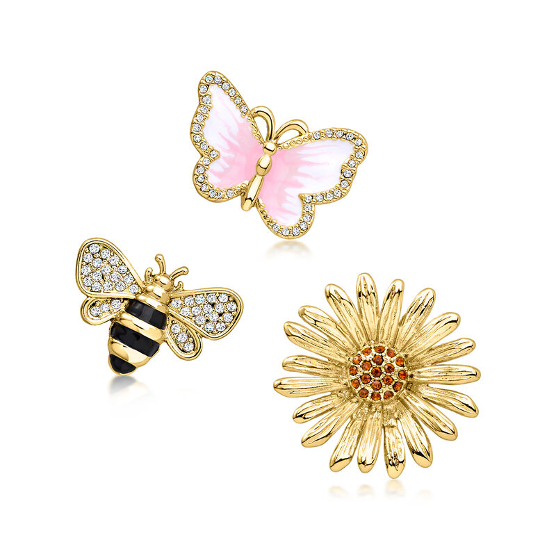 14kt Yellow Gold-Plated Jewelry Set: Three Flower, Bumblebee and Butterfly Pins with Enamel and Simulated Gemstones image number 0