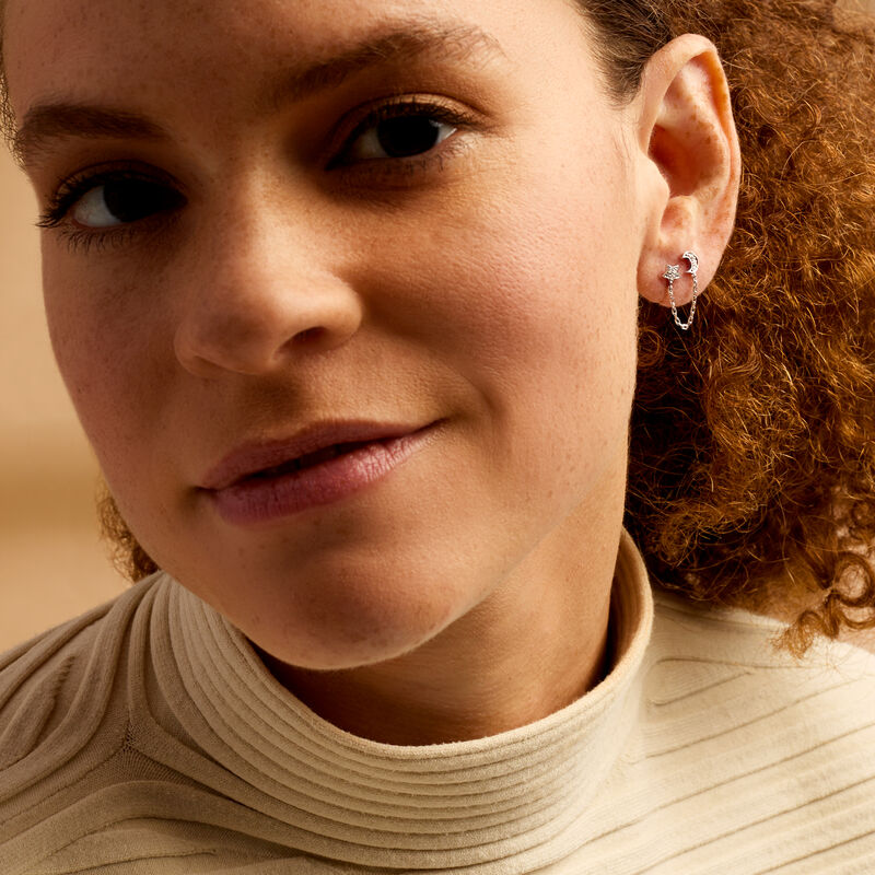 Sterling Silver Celestial Double-Piercing Chain Single Earring with Diamond Accents image number 2
