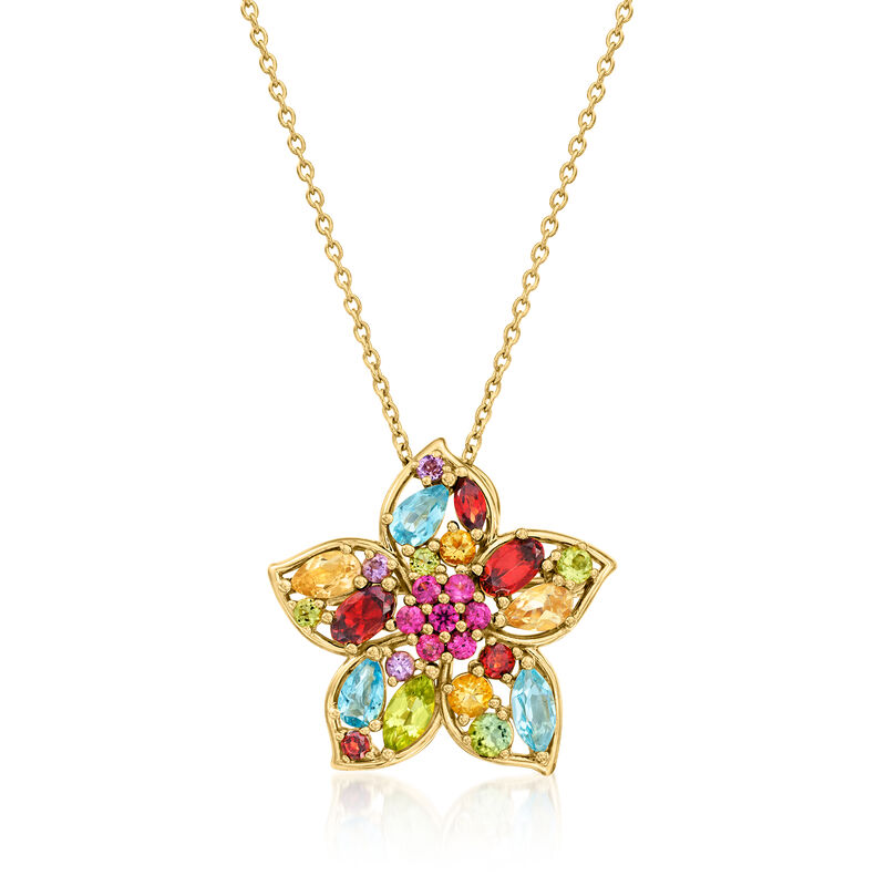 2.58 ct. t.w. Multi-Gemstone Flower Pin/Pendant Necklace in 18kt Gold Over Sterling. 18&quot; image number 1