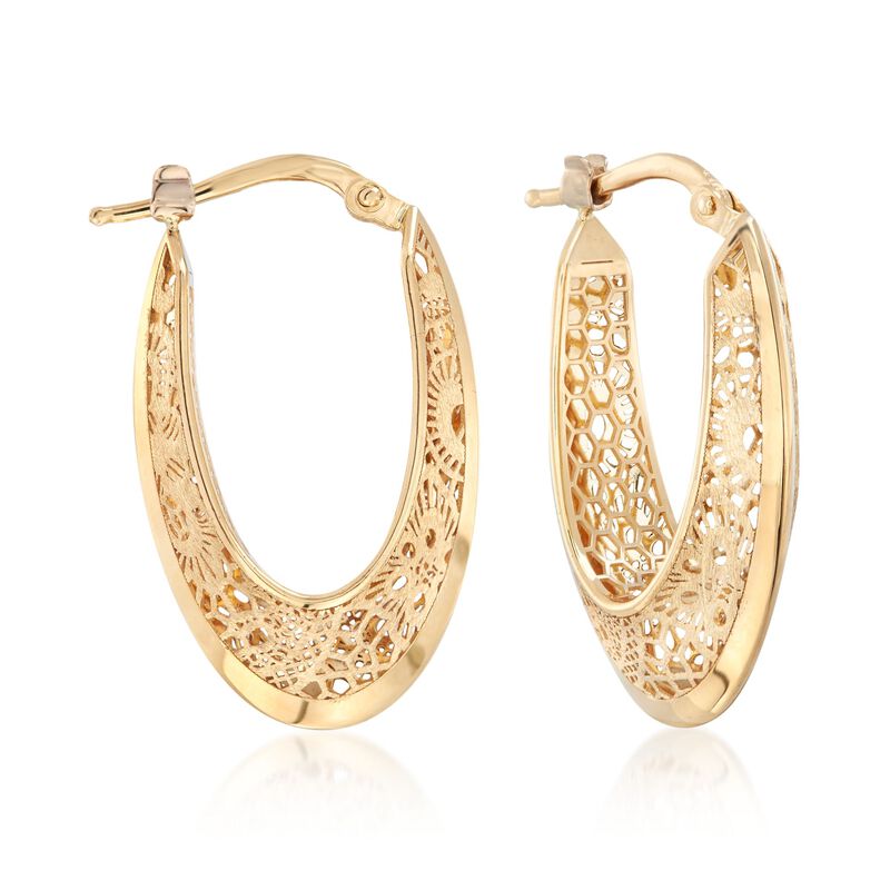 Italian 18kt Yellow Gold Floral Openwork Hoop Earrings. 1&quot; image number 0