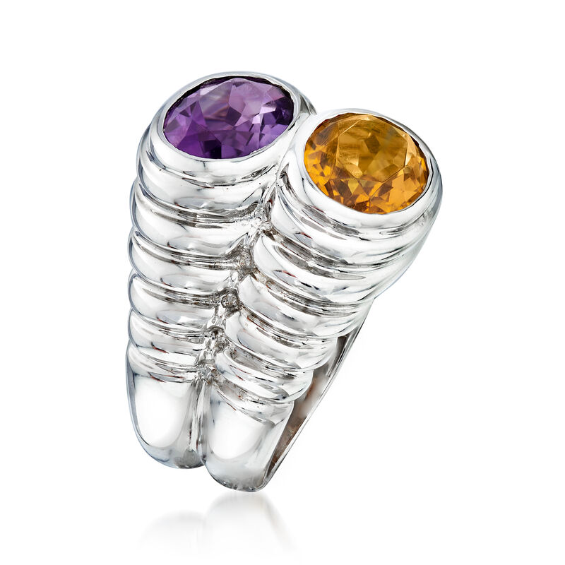 C. 1990 Vintage Bulgari 1.70 Carat Amethyst and 1.55 Carat Citrine Ring in 18kt White Gold. Size 6 image number 2