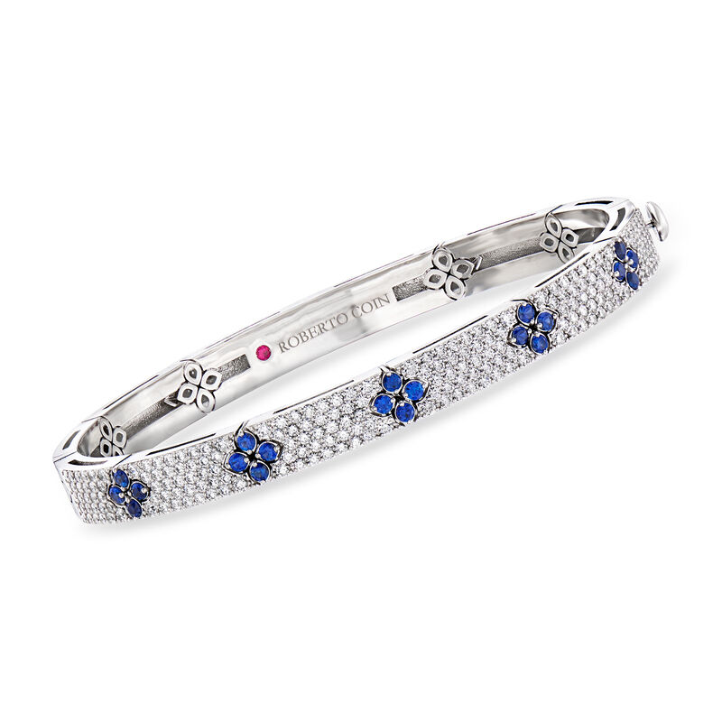 Roberto Coin 1.75 ct. t.w. Diamond and .60 ct. t.w. Sapphire Bangle Bracelet in 18kt White Gold. 7&quot; image number 0