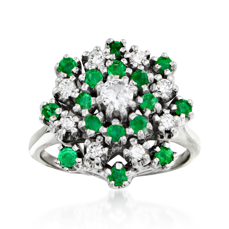 C. 1970 Vintage .80 ct. t.w. Emerald and .45 ct. t.w. Diamond Cluster Ring in 14kt White Gold. Size 6 image number 0