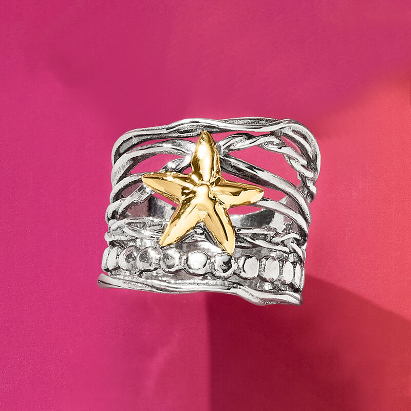 Sterling Silver and 14kt Yellow Gold Multi-Row Starfish Ring image number 3