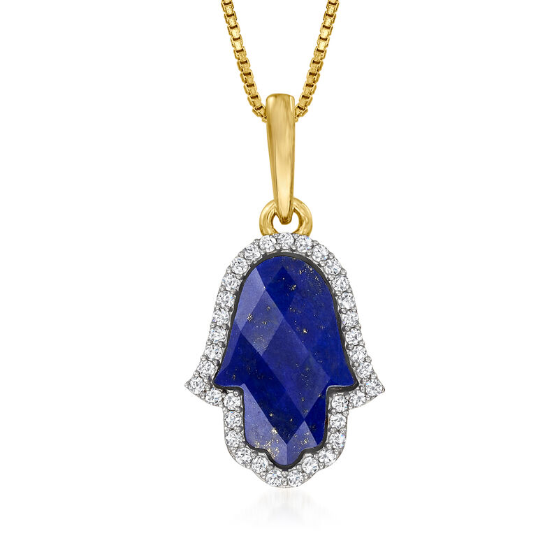 Lapis and .30 ct. t.w. White Zircon Hamsa Hand Pendant Necklace in 18kt Gold Over Sterling. 18&quot; image number 1