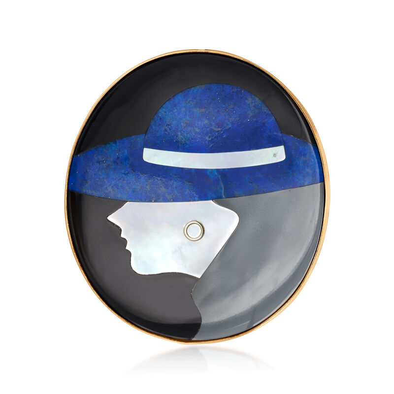 C. 1980 Vintage Multi-Gemstone Inlay Woman in Hat Pin/Pendant in 18kt Yellow Gold image number 3