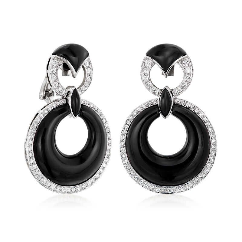 C. 1980 Vintage Onyx and 1.85 ct. t.w. Diamond Double-Drop Earrings in 18kt White Gold image number 2
