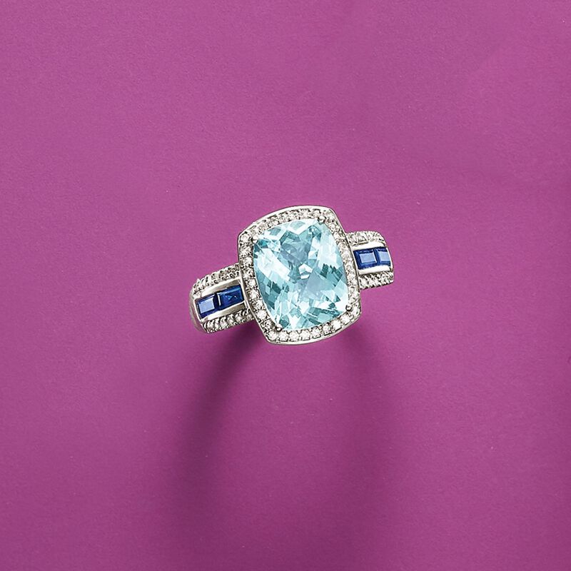 3.50 ct. t.w. Aquamarine and .80 ct. t.w. Sapphire Ring with Diamonds in 14kt White Gold image number 4