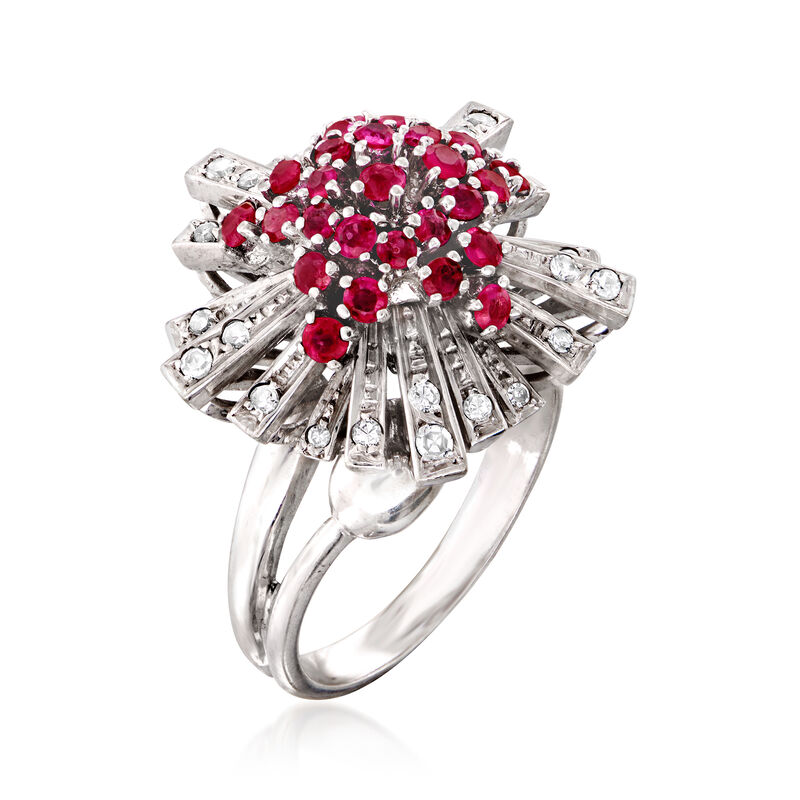 C. 1960 Vintage .75 ct. t.w. Ruby and .40 ct. t.w. Diamond Burst Ring in 18kt White Gold image number 2