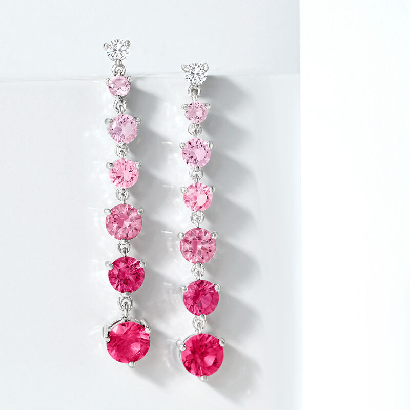 4.50 ct. t.w. Simulated Pink Sapphire and .20 ct. t.w. CZ Drop Earrings in Sterling Silver image number 3