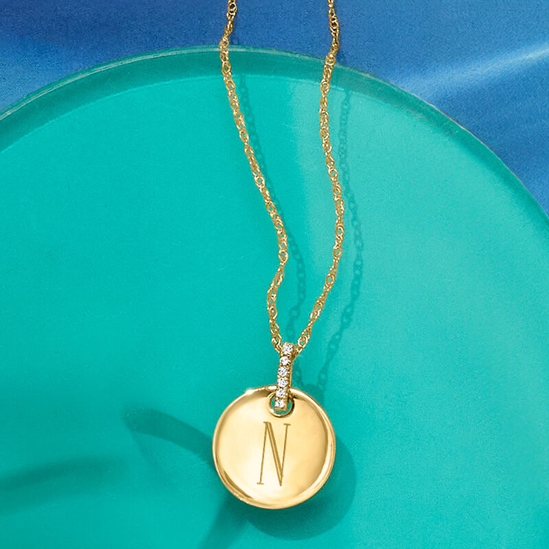 14kt Yellow Gold Personalized Disc Pendant Necklace with Diamonds image number 2