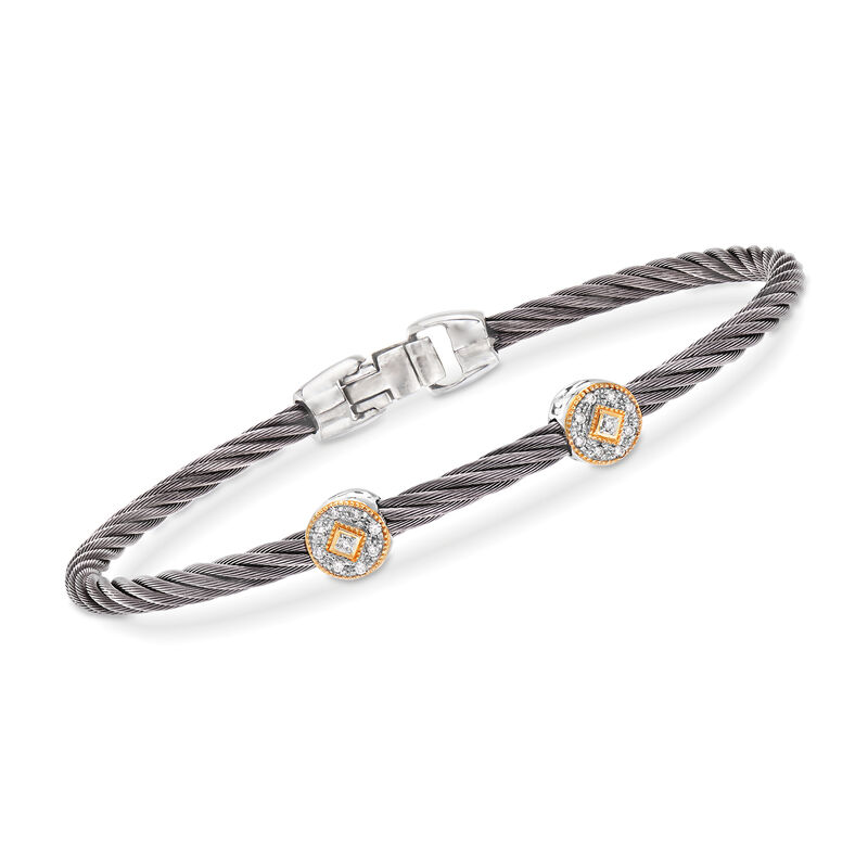 ALOR &quot;Shades of Alor&quot; Gray Stainless Steel Cable Station Bracelet with Diamond Accents and 18kt Yellow and White Gold image number 0