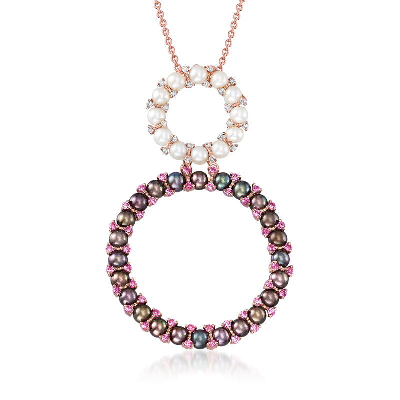 C. 1990 Vintage Roberta Porrati 3mm Cultured White Pearl, 3mm Cultured Black Pearl, .72 ct. t.w. Pink Sapphire and .13 ct. t.w. Diamond Necklace in 18kt Rose Gold. 18&quot; image number 1